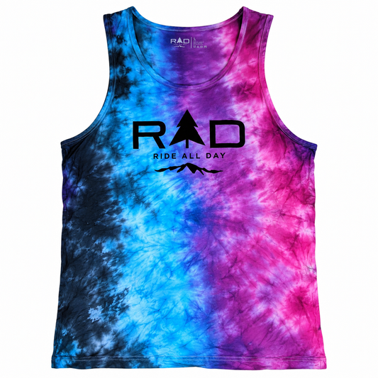 A sleeveless tank top with a vibrant blue, pink, and purple tie-dye pattern, featuring a black 'RAD RIDE ALL DAY' graphic on the chest.
