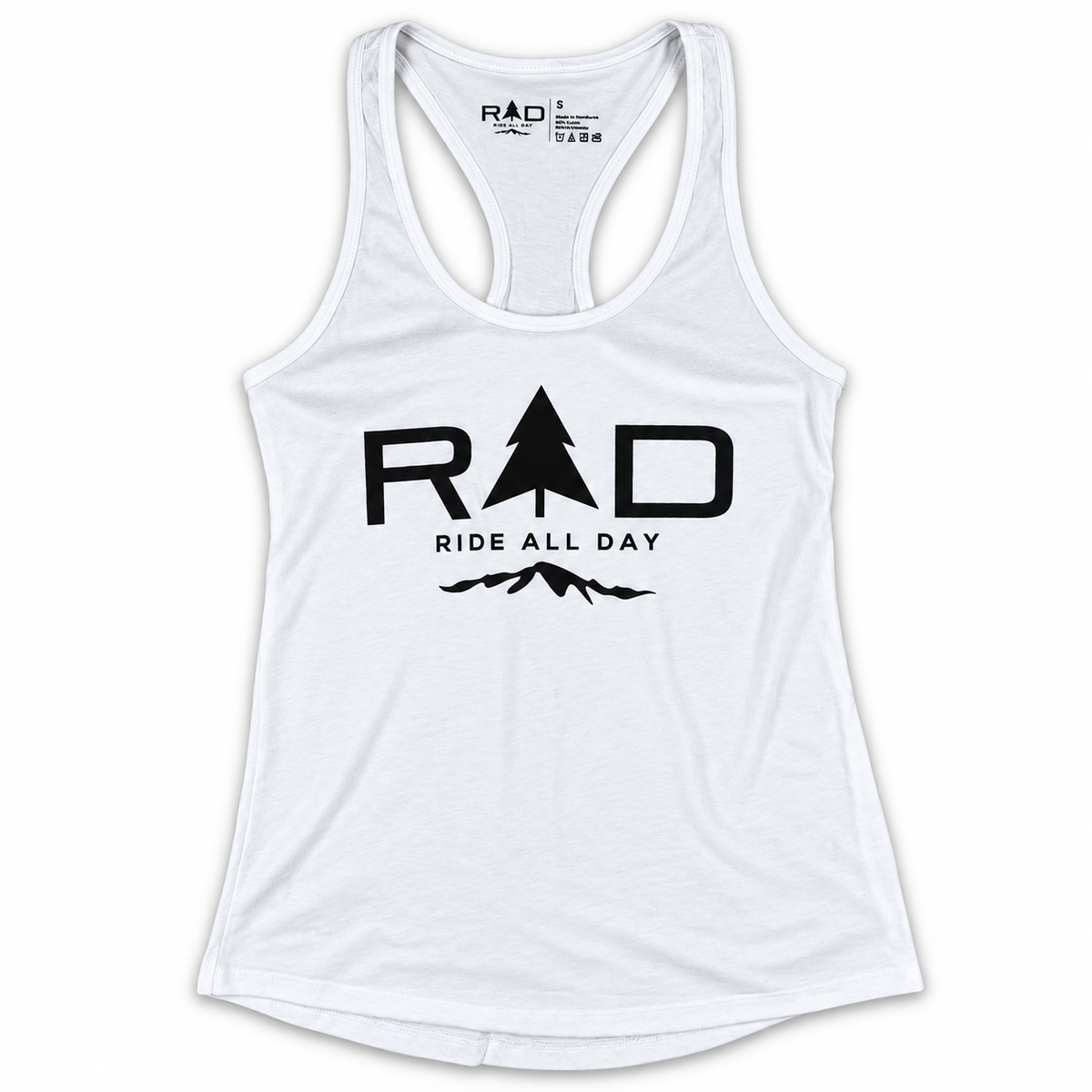 A white racerback tank top with a black graphic print on the front reading 'RAD' with a tree icon inside the 'A', and 'RIDE ALL DAY' below, on a plain white background.