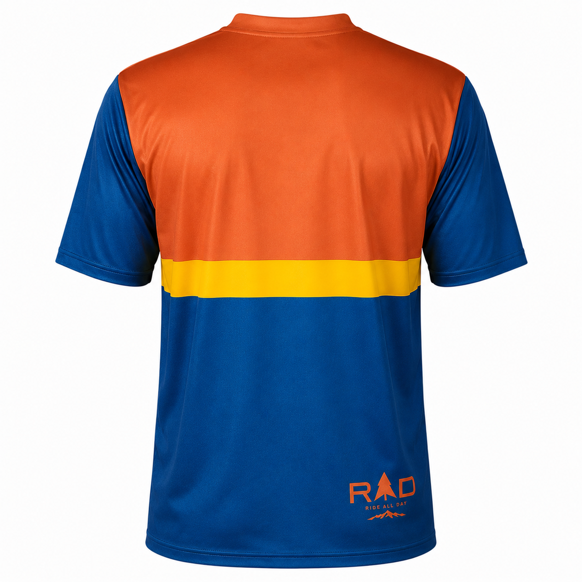 A short-sleeve athletic jersey shown from the back, featuring a color-blocked design with an orange upper back, royal blue sleeves and lower body, and a yellow horizontal stripe across the middle. The brand logo 'RAD' is printed in orange near the bottom right.