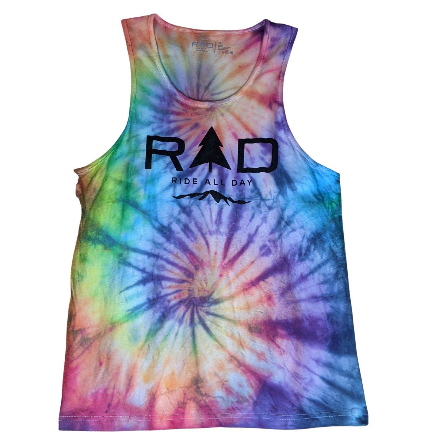 RAD mens tank top in spiral tie-dye pattern