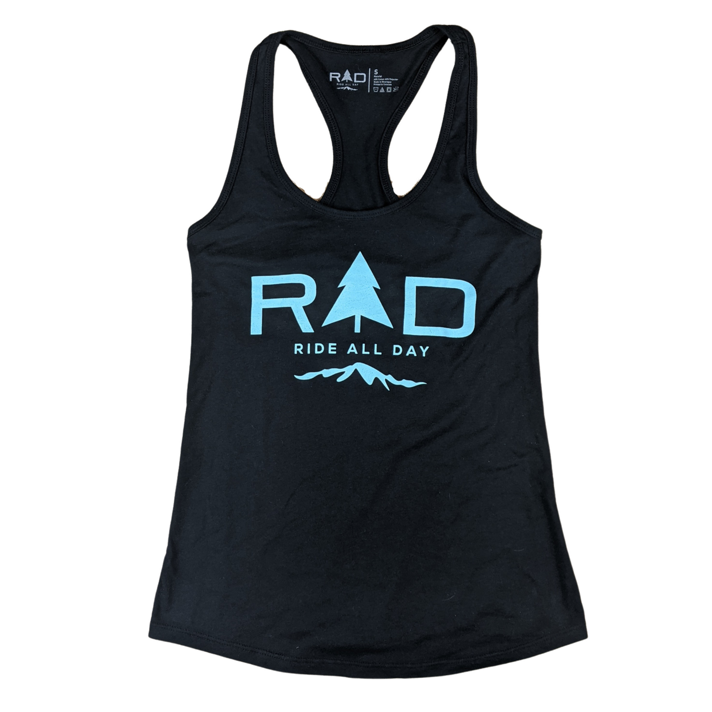RAD ladies racerback tank top in black and turquoise