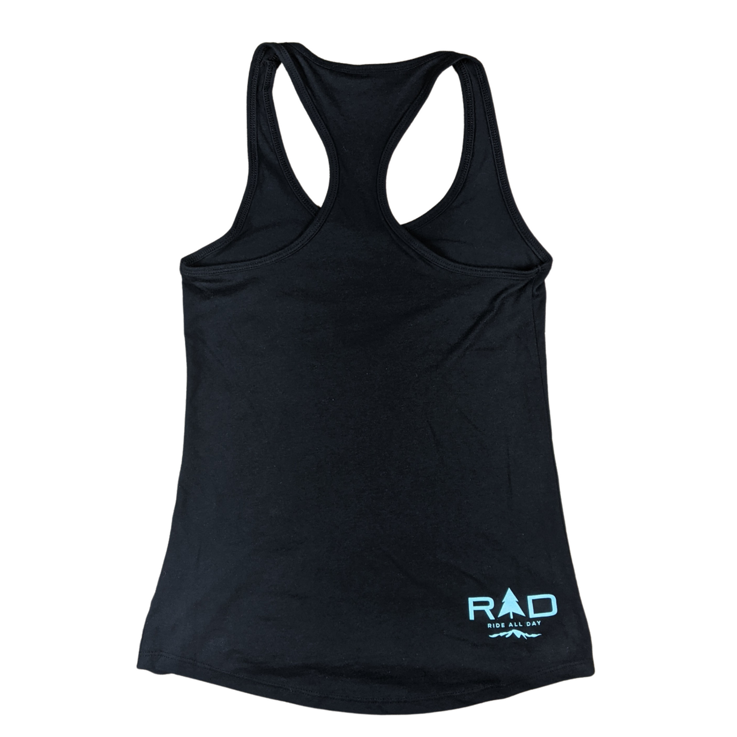 RAD ladies racerback tank top in black and turquoise