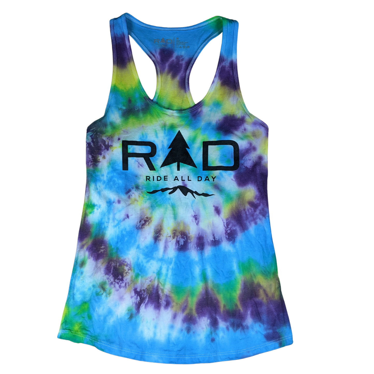 RAD Ladies racerback tank top in spiral tie dye pattern