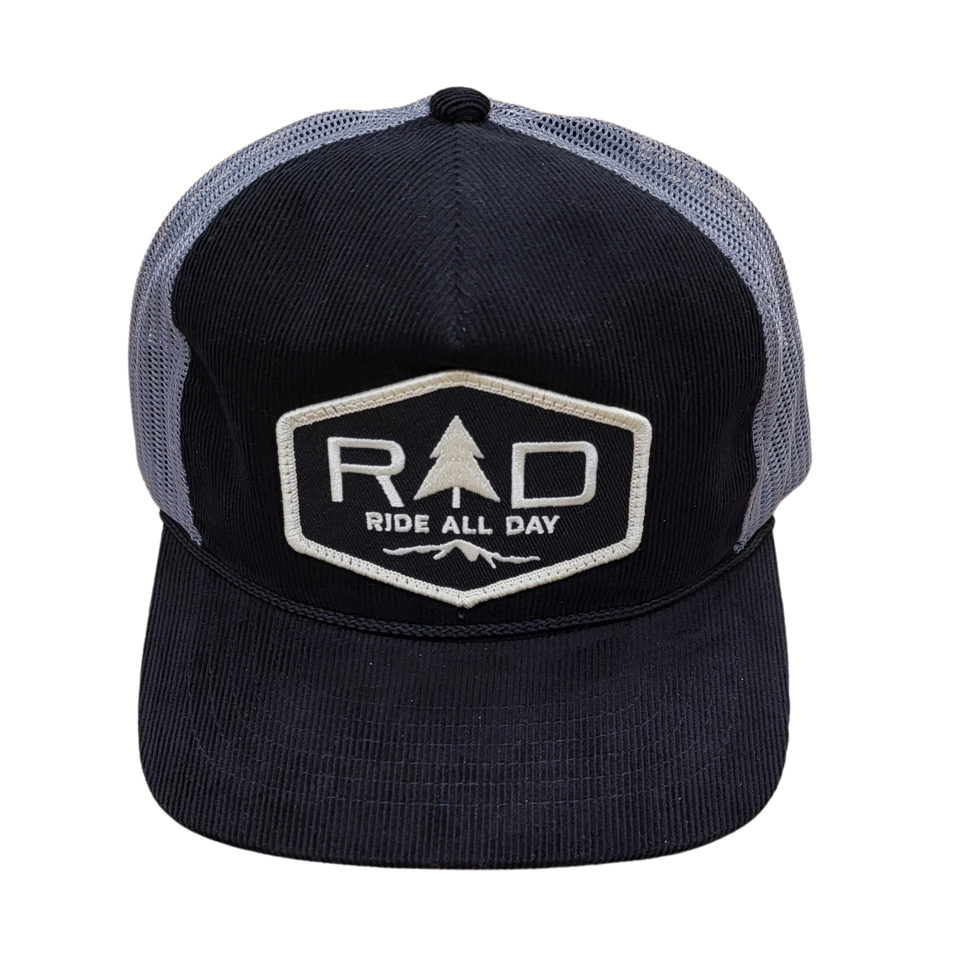 Off white corduroy trucker hat in black and gray
