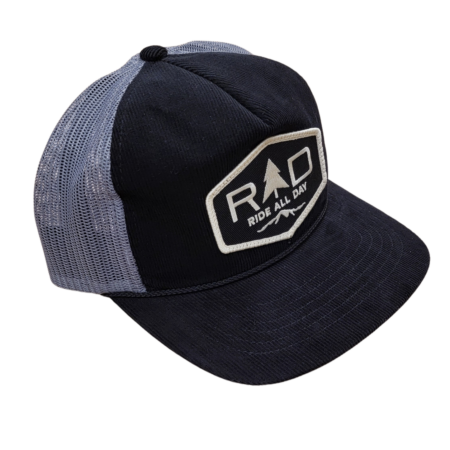Off white corduroy trucker hat in black and gray
