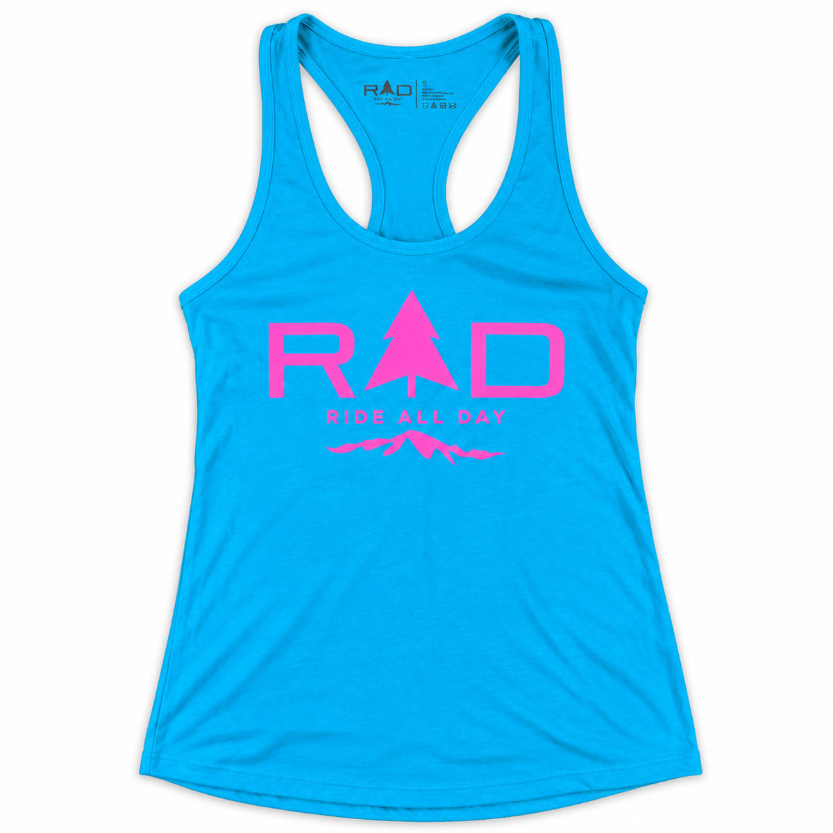 A bright blue racerback tank top with a pink graphic on the front reading 'RAD RIDE ALL DAY' and a tree silhouette, shown on a plain white background.