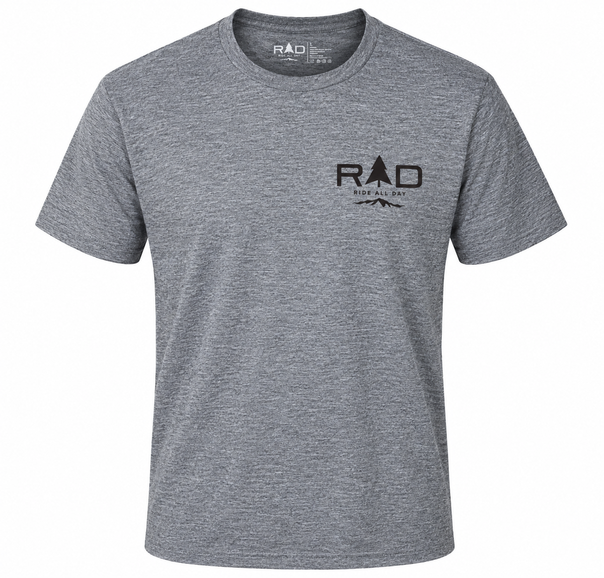 A heather gray short-sleeve crewneck t-shirt with a black 'RAD' logo printed on the left chest, displayed on a clean gray background.
