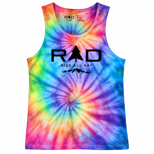 A sleeveless tank top with a vibrant rainbow spiral tie-dye pattern, featuring a black 'RAD' logo with a tree icon and 'RIDE ALL DAY' text on the chest.