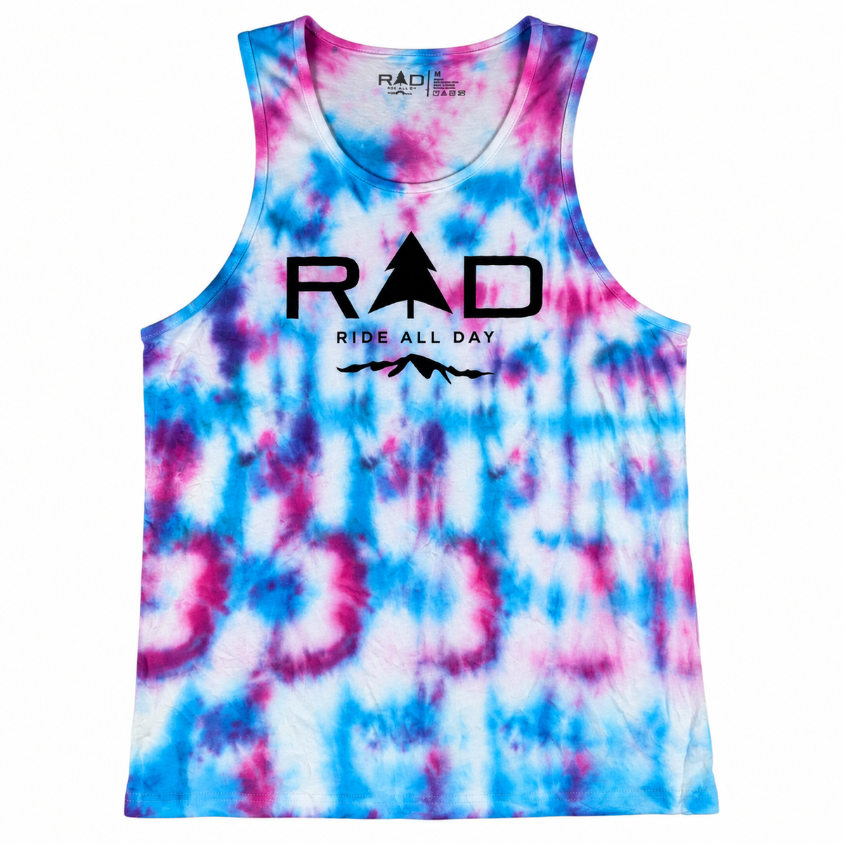 A sleeveless tank top with a blue, pink, and white tie-dye pattern, featuring a black 'RAD RIDE ALL DAY' logo printed on the chest.