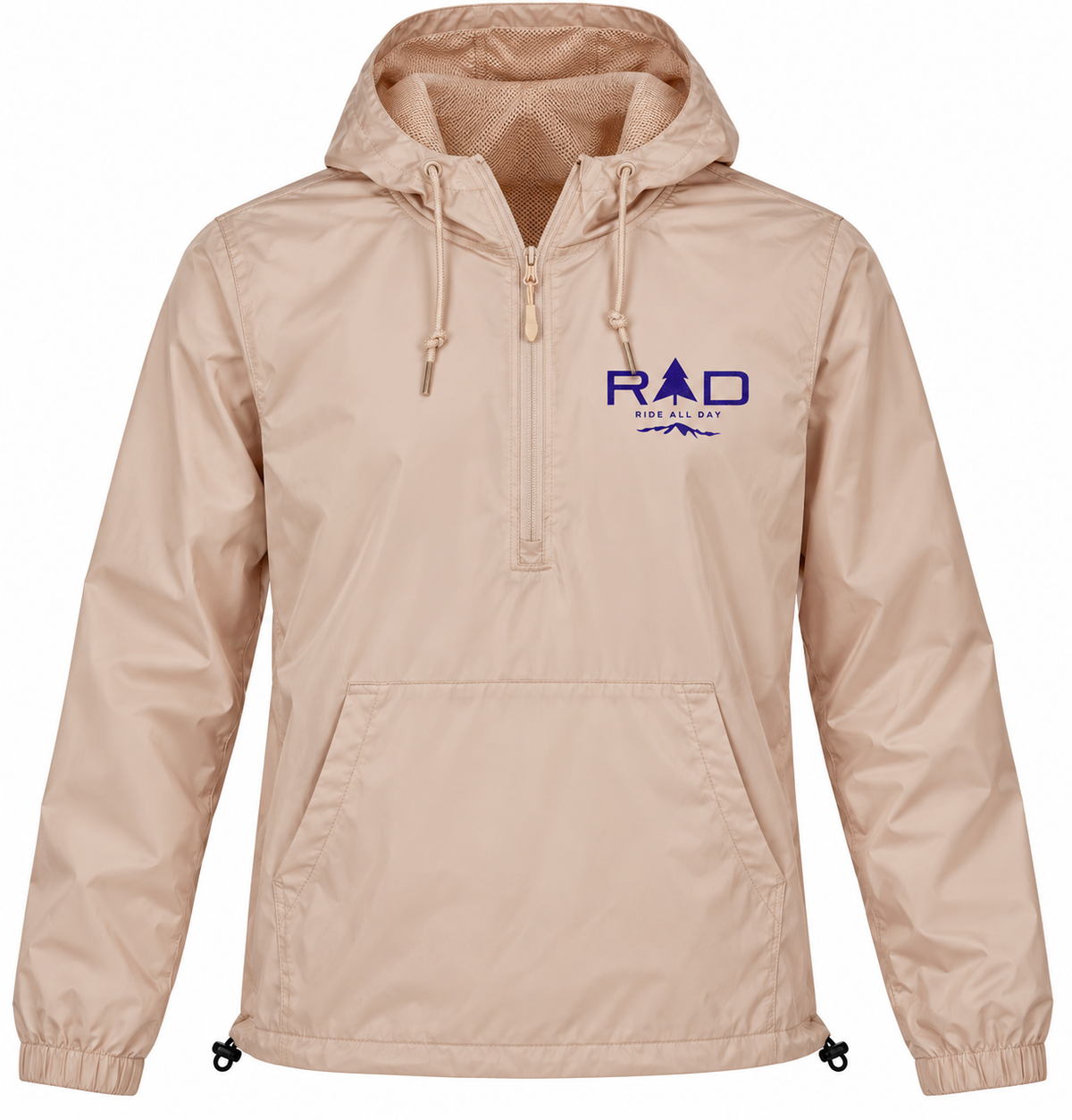A light pink hooded pullover jacket with a half-zip front, elastic cuffs, and a drawstring hood. The left chest features a blue 'RAD' logo with a mountain graphic.