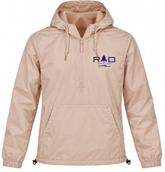 A light pink hooded pullover jacket with a half-zip front, elastic cuffs, and a drawstring hood. The left chest features a blue 'RAD' logo with a mountain graphic.