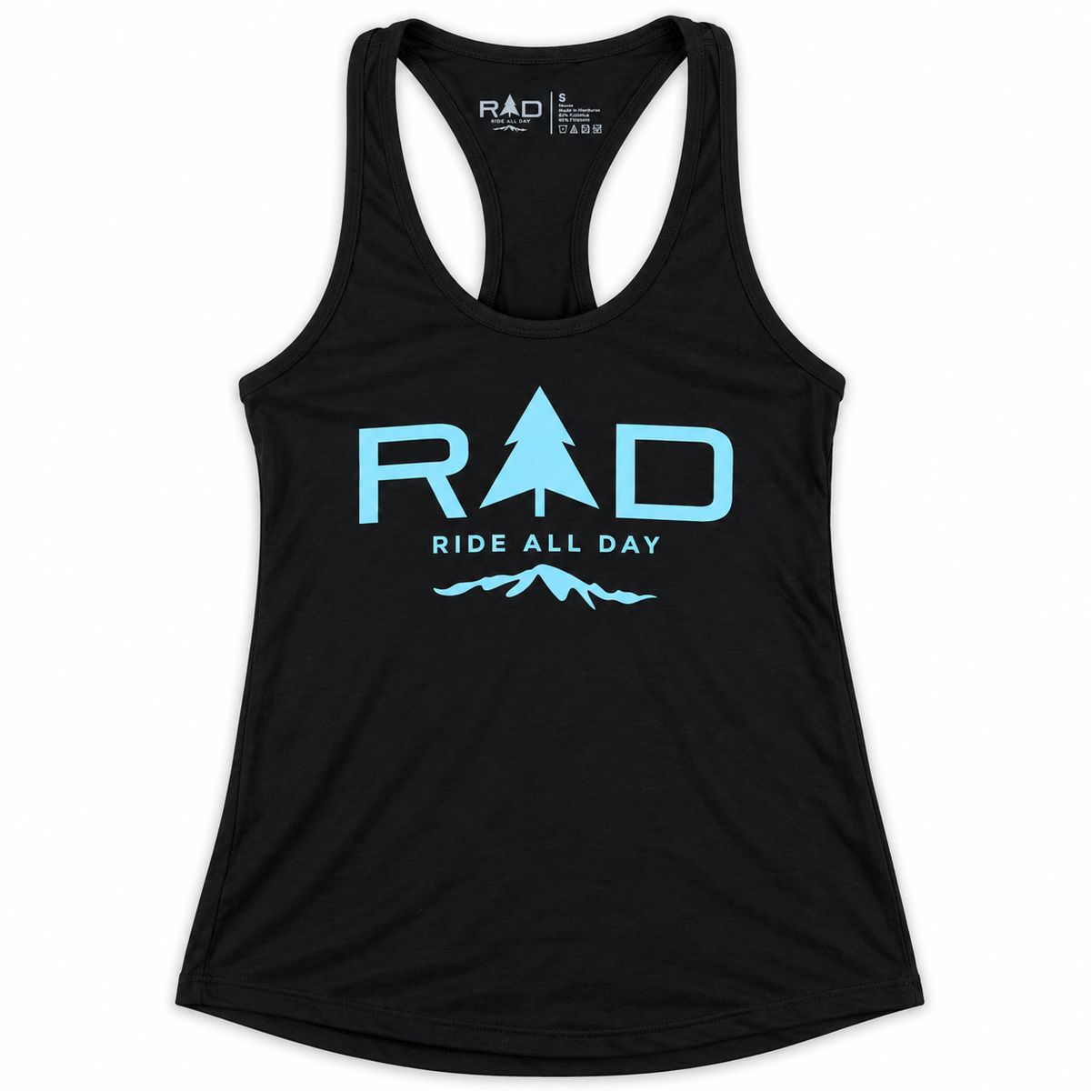 A black racerback tank top featuring a light blue graphic on the front with the text 'RAD RIDE ALL DAY' and a pine tree and mountain design, displayed on a clean white background.