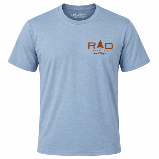 A heathered light blue crewneck t-shirt with a brown 'RAD' logo printed on the left chest