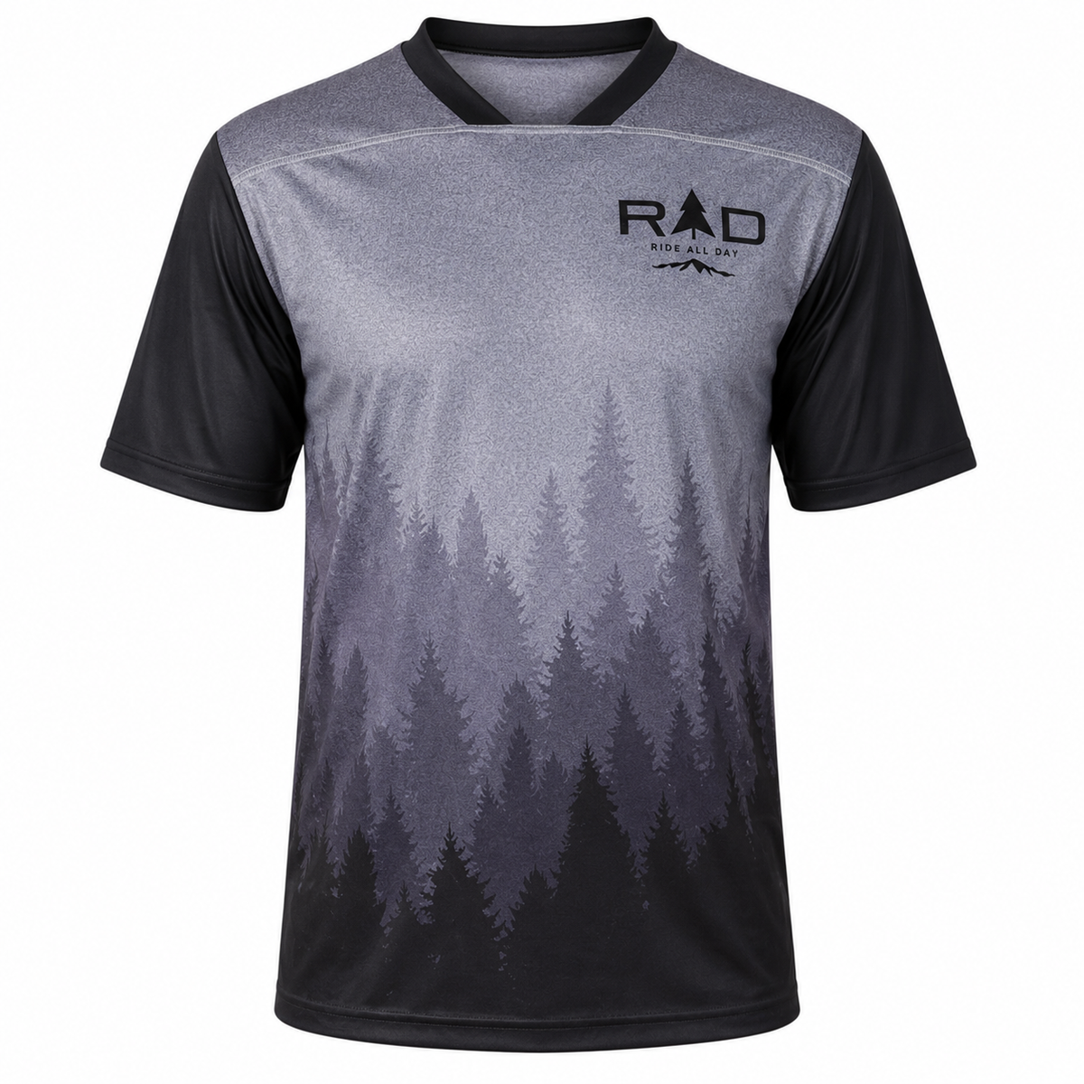 A short-sleeve cycling jersey with a gray and black forest tree gradient design, featuring a black collar and the 'RAD' logo on the left chest, shown on a plain white background.