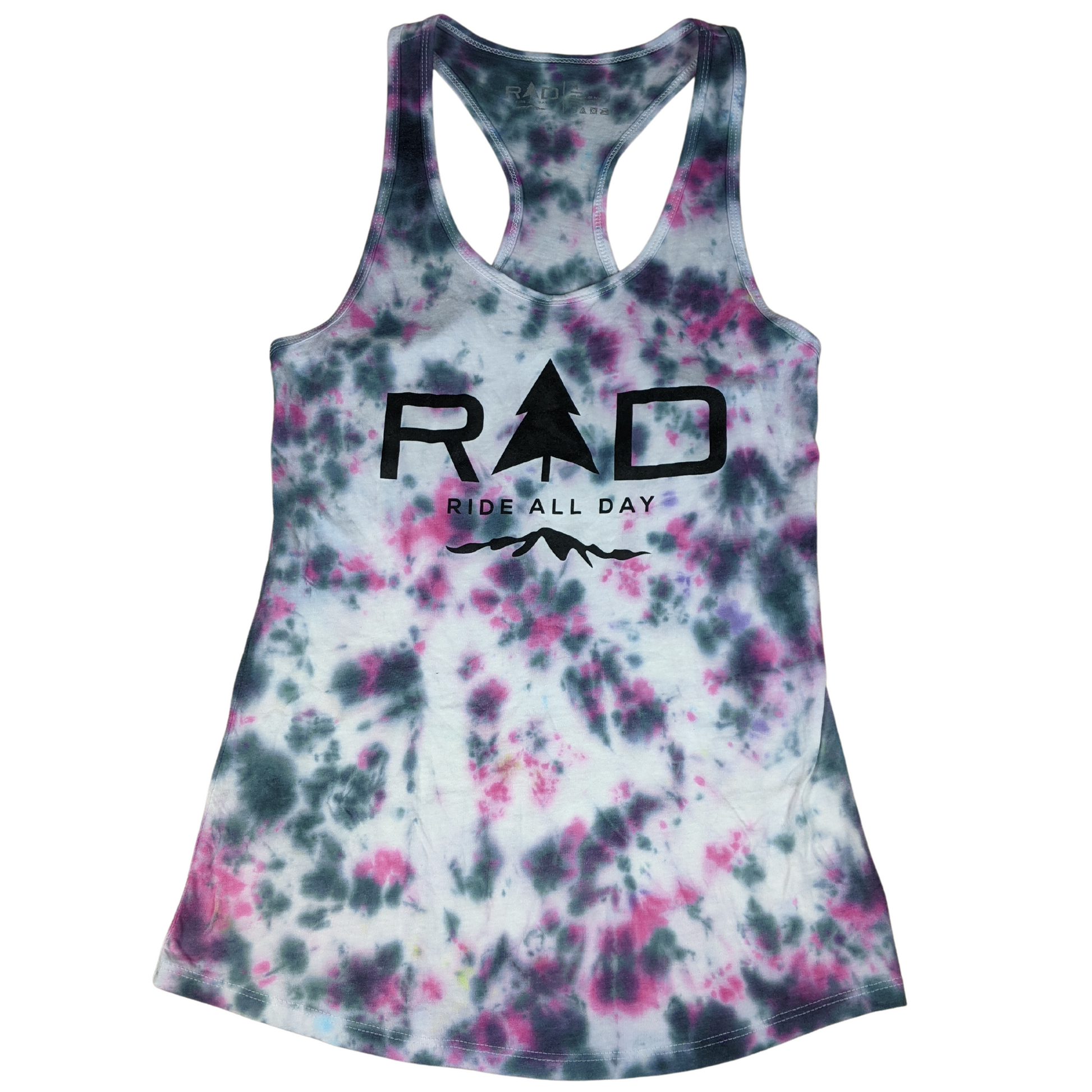 RAD Ladies racerback tank top in confetti tie dye pattern