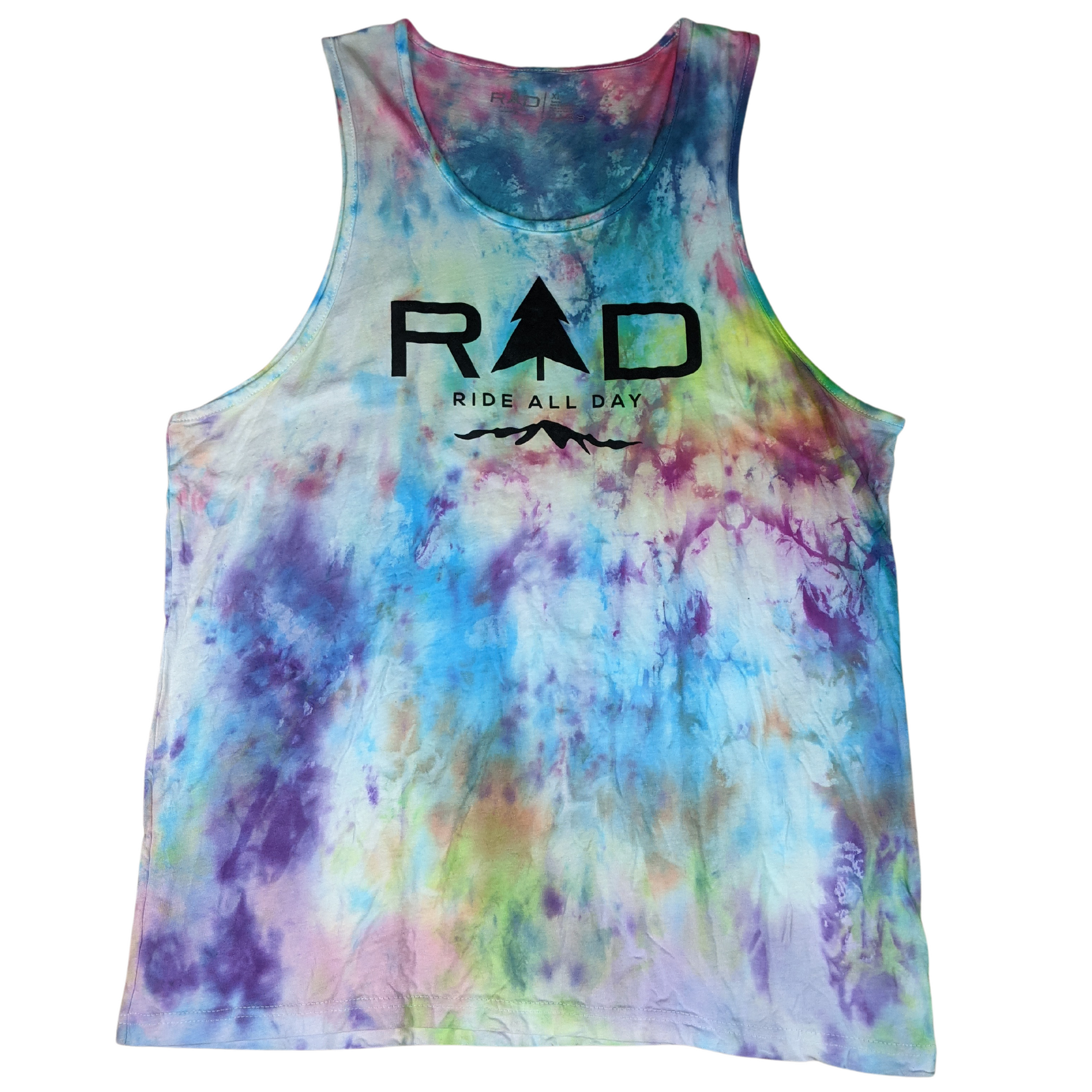 RAD mens tank top in oil slick tie-dye pattern