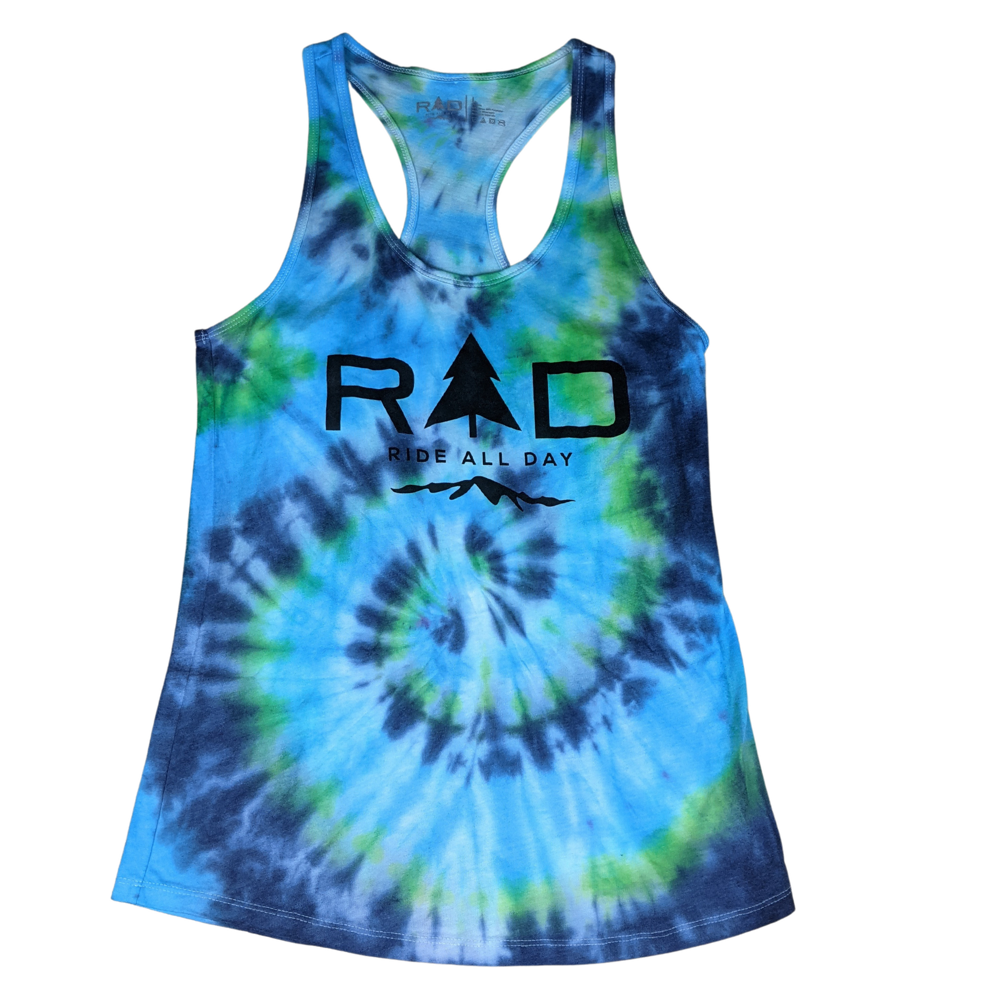 RAD Ladies racerback tank top in spiral tie dye pattern