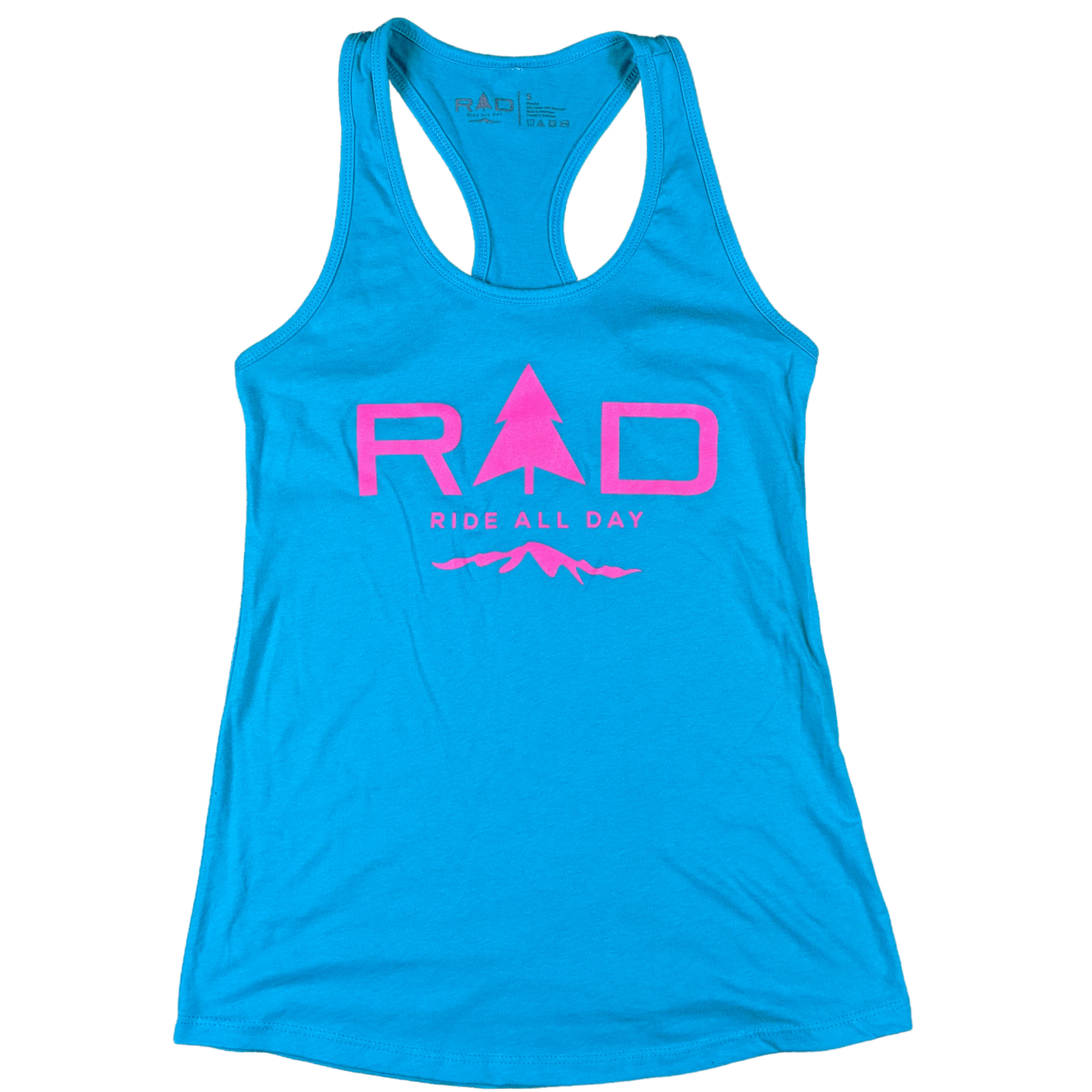 RAD ladies racerback tank top in blue and pink